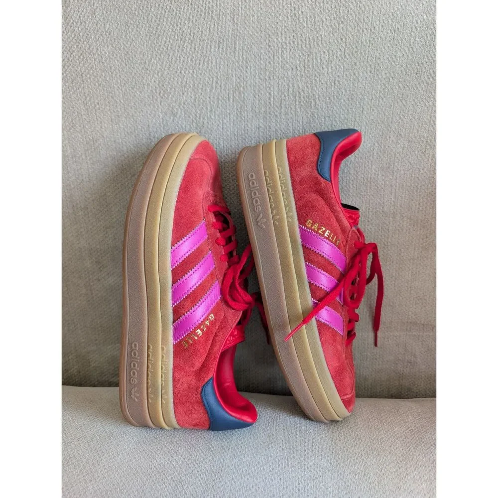 Adidas Women's Gazelle Bold Red Pink Blue Platform Sneakers Suede Size 8
